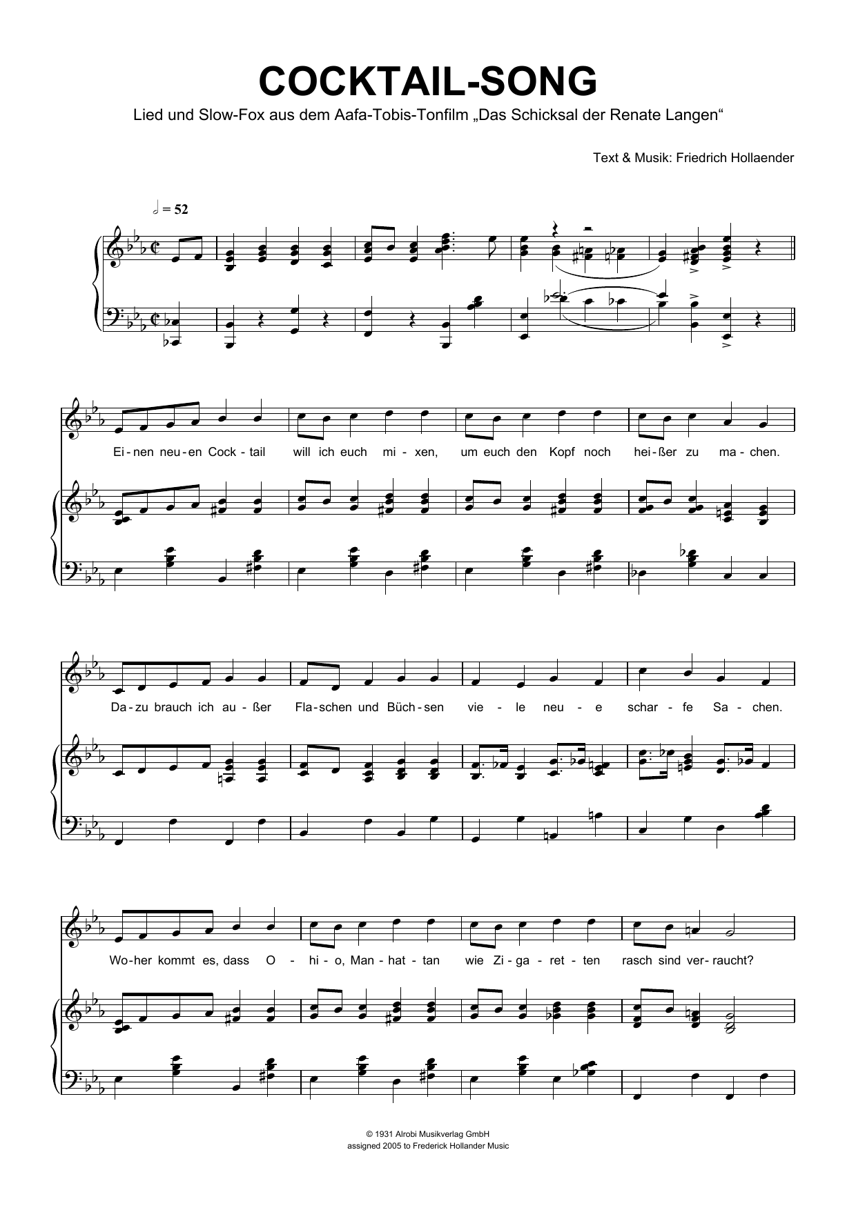 Download Friedrich Hollaender Cocktail-Song Sheet Music and learn how to play Piano & Vocal PDF digital score in minutes