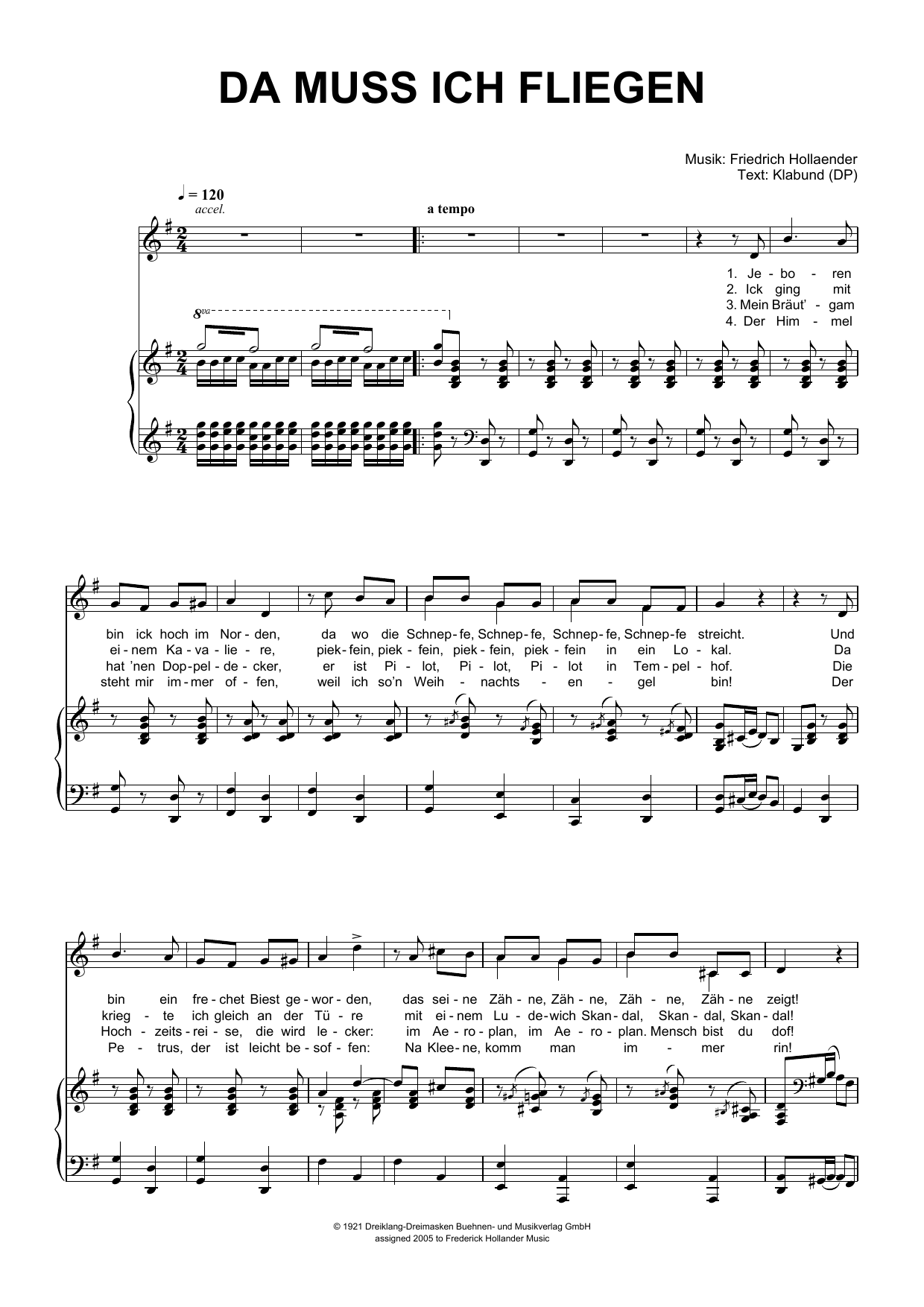 Download Friedrich Hollaender Da Muss Ich Fliegen Sheet Music and learn how to play Piano & Vocal PDF digital score in minutes