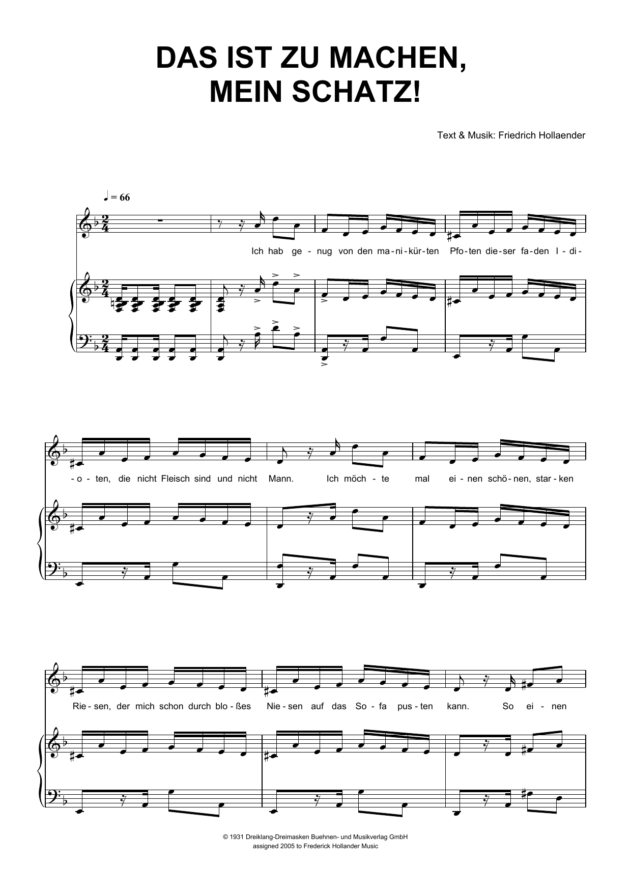 Download Friedrich Hollaender Das Ist Zu Machen, Mein Schatz! Sheet Music and learn how to play Piano & Vocal PDF digital score in minutes