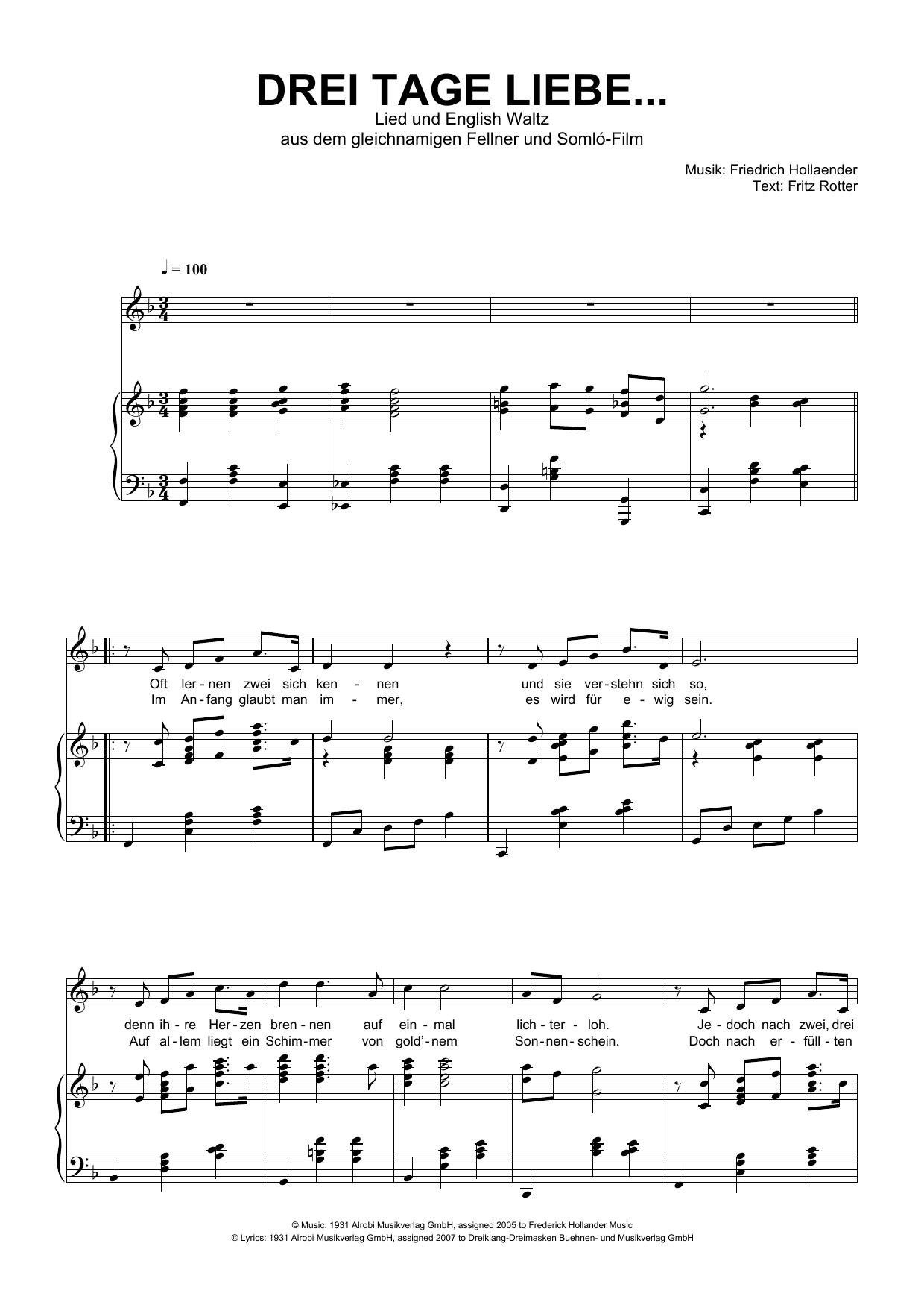 Download Friedrich Hollaender Drei Tage Liebe Sheet Music and learn how to play Piano & Vocal PDF digital score in minutes