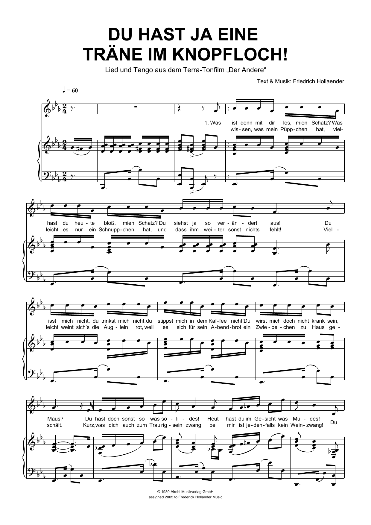 Download Friedrich Hollaender Du Hast Ja Eine Träne Im Knopfloch! Sheet Music and learn how to play Piano & Vocal PDF digital score in minutes