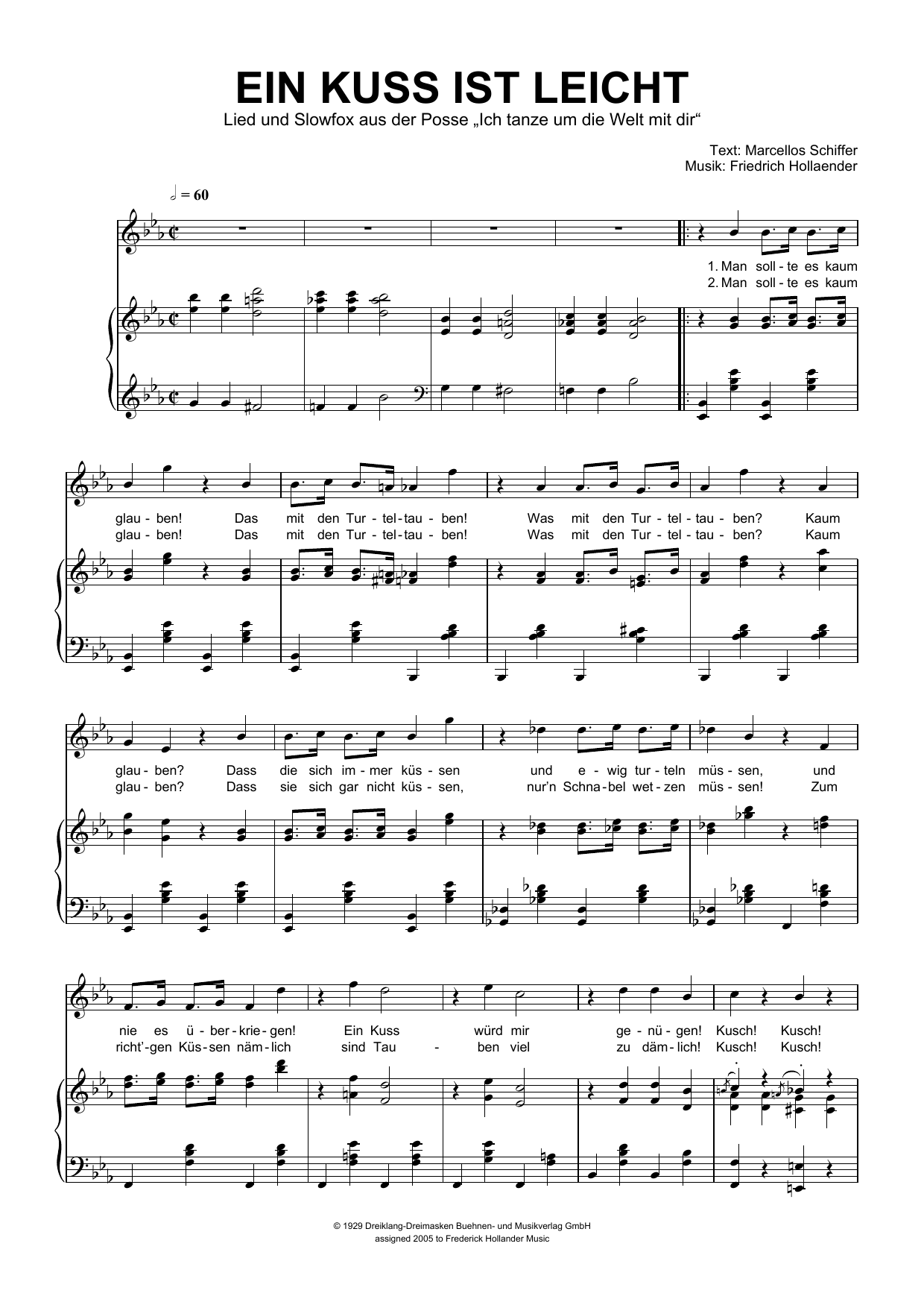 Download Friedrich Hollaender Ein Kuss Ist Leicht Sheet Music and learn how to play Piano & Vocal PDF digital score in minutes
