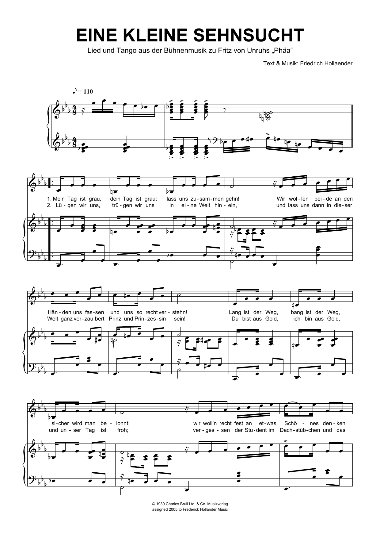 Download Friedrich Hollaender Eine Kleine Sehnsucht Sheet Music and learn how to play Piano & Vocal PDF digital score in minutes