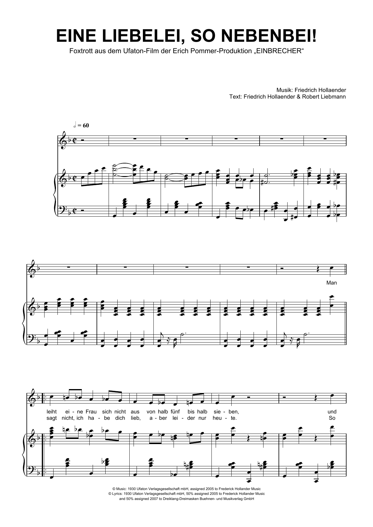 Download Friedrich Hollaender Eine Liebelei, So Nebenbei! Sheet Music and learn how to play Piano & Vocal PDF digital score in minutes