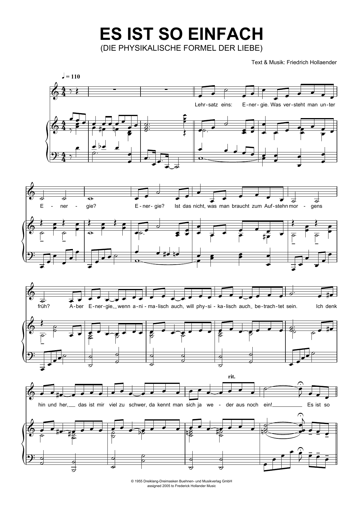 Download Friedrich Hollaender Es Ist So Einfach (Die Physikalische Formel Der Liebe) Sheet Music and learn how to play Piano & Vocal PDF digital score in minutes