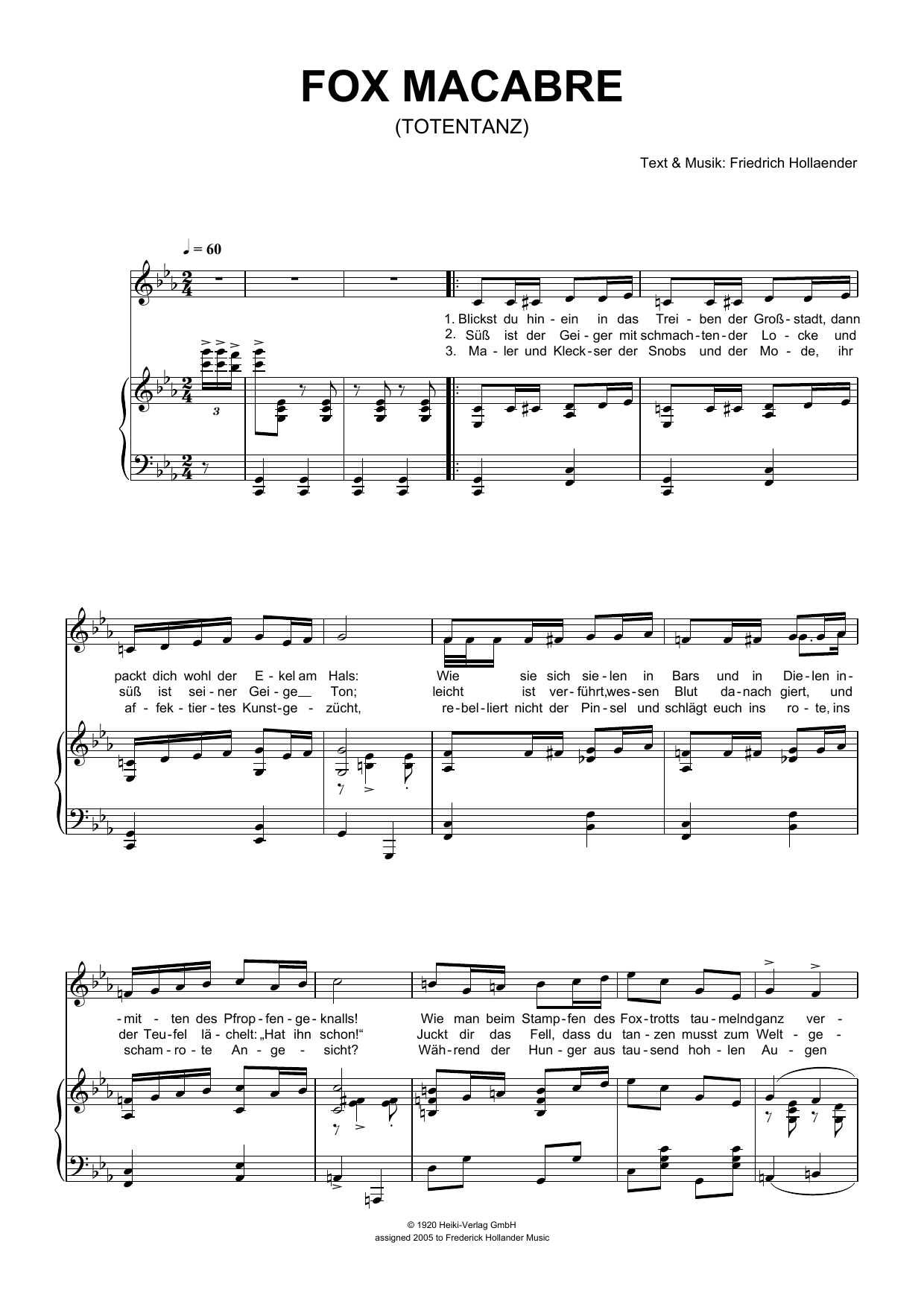 Download Friedrich Hollaender Fox Macabre (Totentanz) Sheet Music and learn how to play Piano & Vocal PDF digital score in minutes