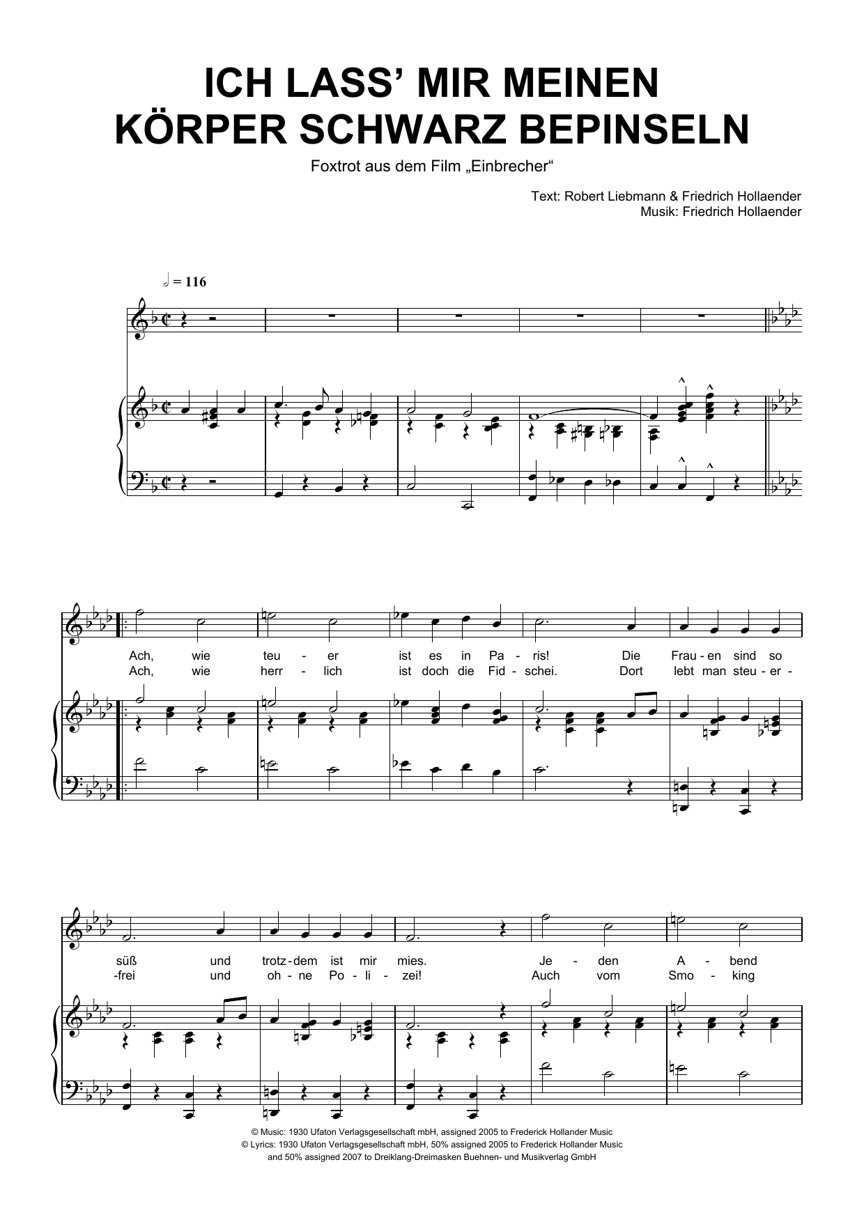 Download Friedrich Hollaender Ich Lass Mir Meinen Körper Schwarz Bepinseln Sheet Music and learn how to play Piano & Vocal PDF digital score in minutes