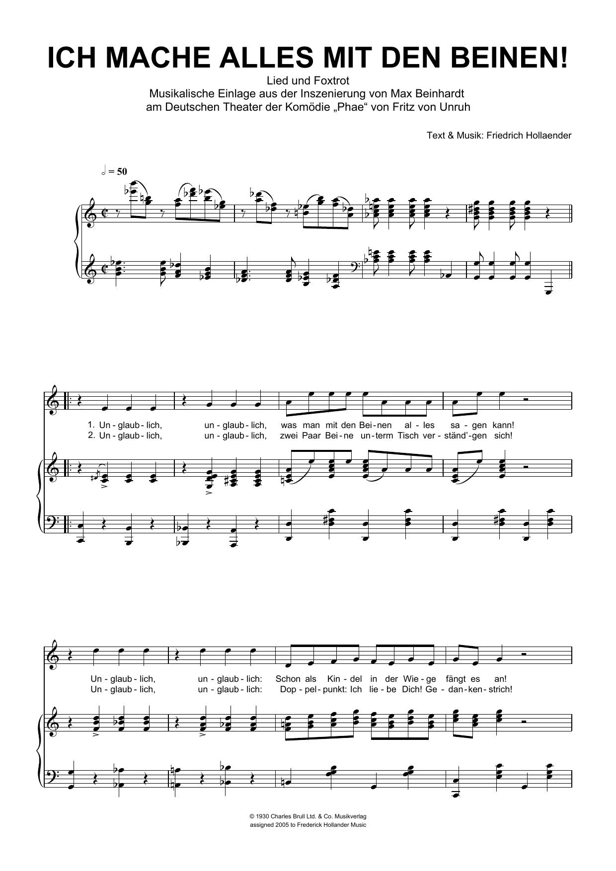 Download Friedrich Hollaender Ich Mache Alles Mit Den Beinen! Sheet Music and learn how to play Piano & Vocal PDF digital score in minutes
