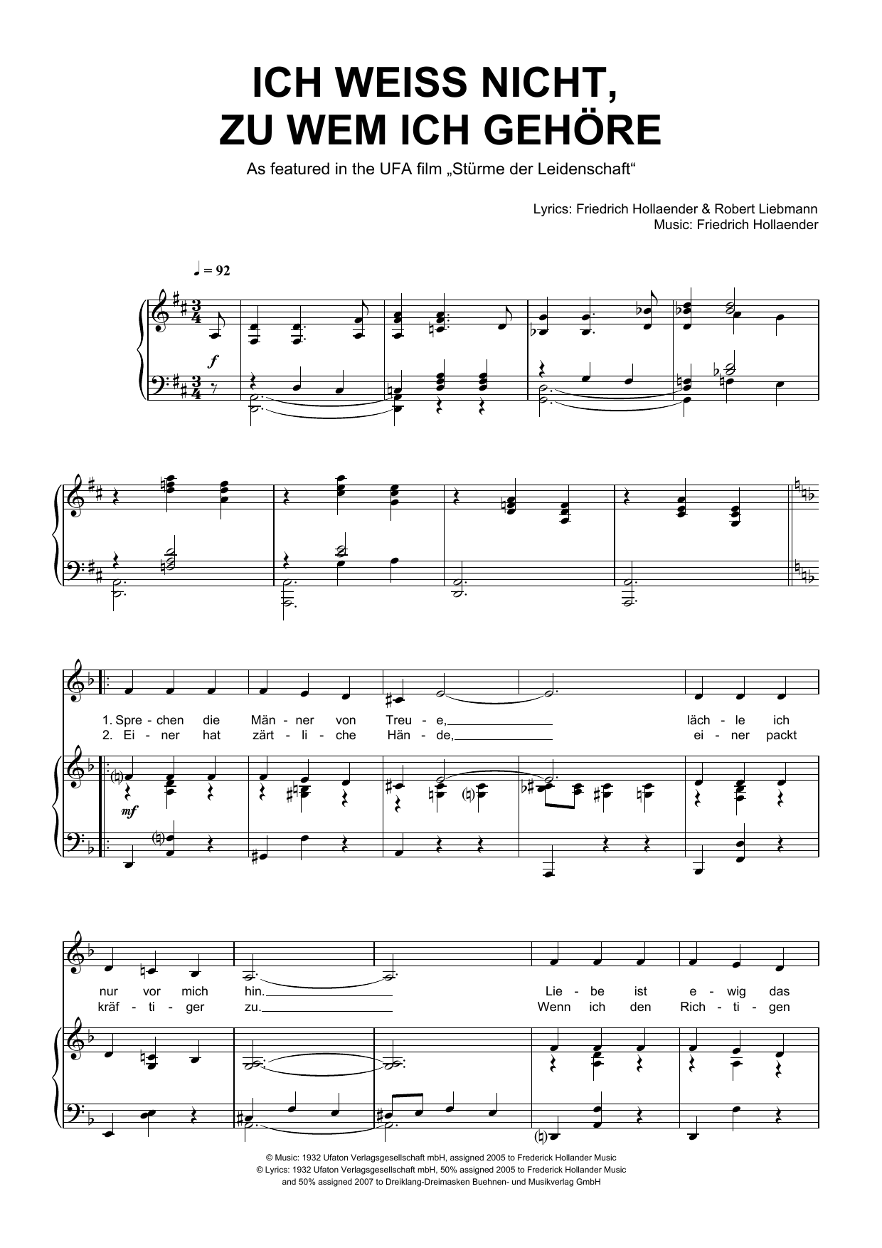 Download Friedrich Hollaender Ich Weiss Nicht, Zu Wem Ich Gehöre Sheet Music and learn how to play Piano & Vocal PDF digital score in minutes