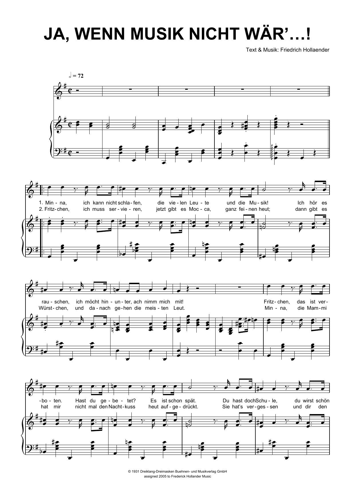 Download Friedrich Hollaender Ja, Wenn Die Musik Nicht Wär'...! Sheet Music and learn how to play Piano & Vocal PDF digital score in minutes