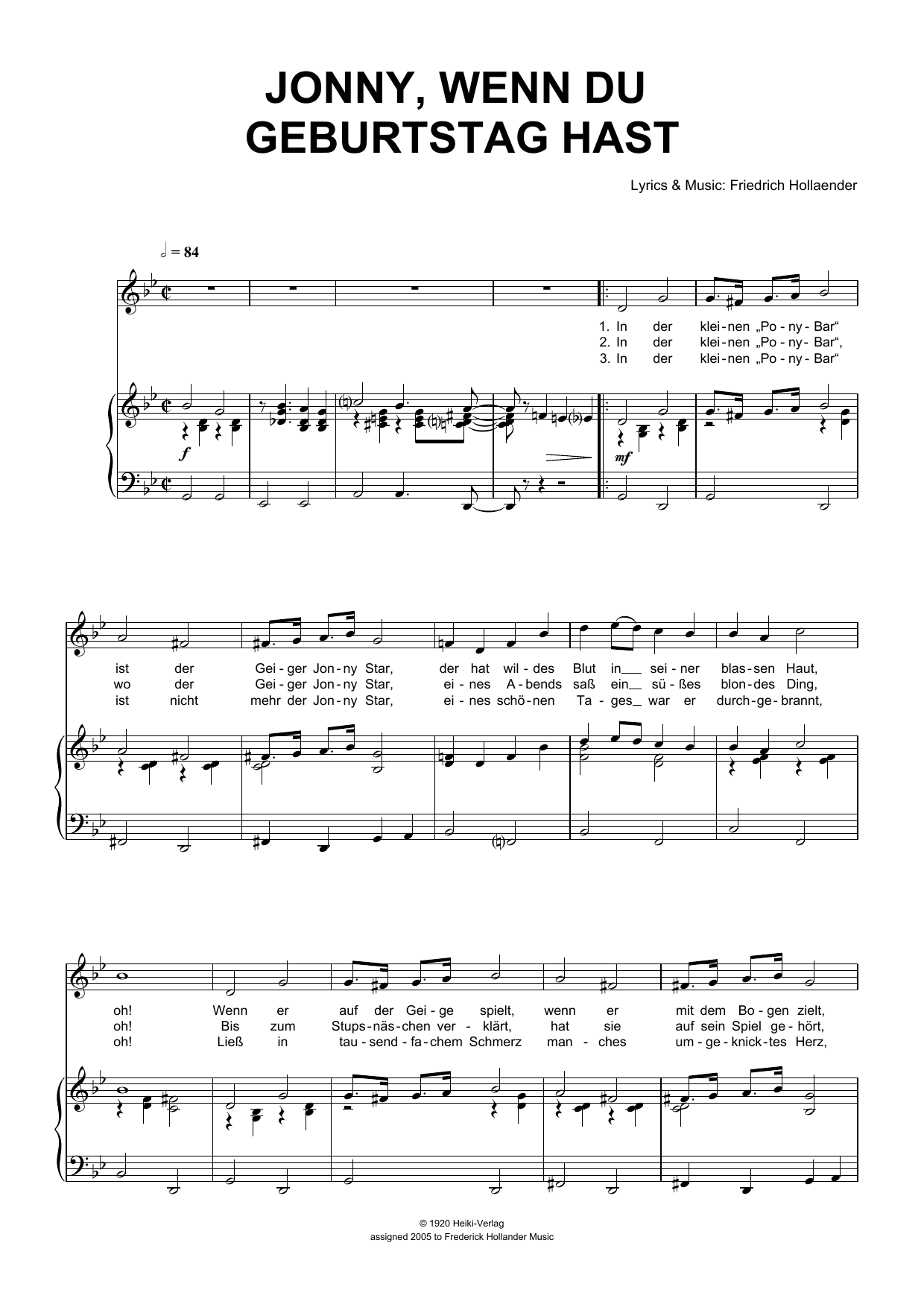 Download Friedrich Hollaender Jonny, Wenn Du Geburtstag Hast Sheet Music and learn how to play Piano & Vocal PDF digital score in minutes