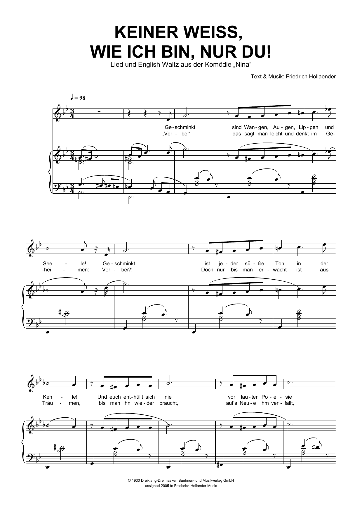 Download Friedrich Hollaender Keiner Weiss, Wie Ich Bin, Nur Du! Sheet Music and learn how to play Piano & Vocal PDF digital score in minutes