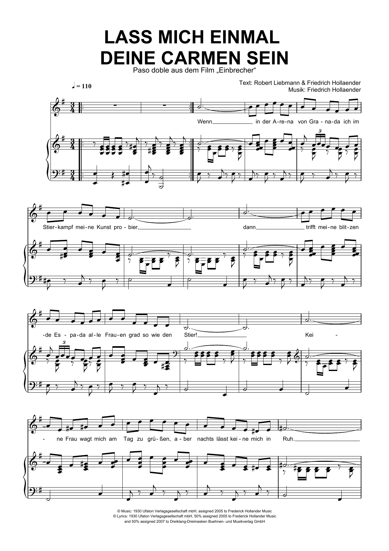 Download Friedrich Hollaender Lass Mich Einmal Deine Carmen Sein Sheet Music and learn how to play Piano & Vocal PDF digital score in minutes