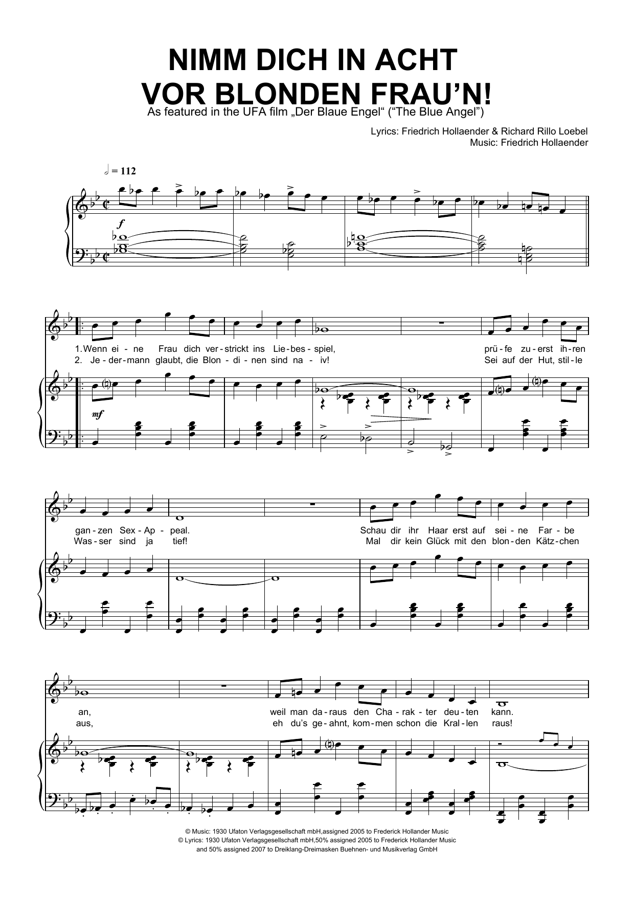 Download Friedrich Hollaender Nimm Dich In Acht Vor Blonden Frau'n! Sheet Music and learn how to play Piano & Vocal PDF digital score in minutes