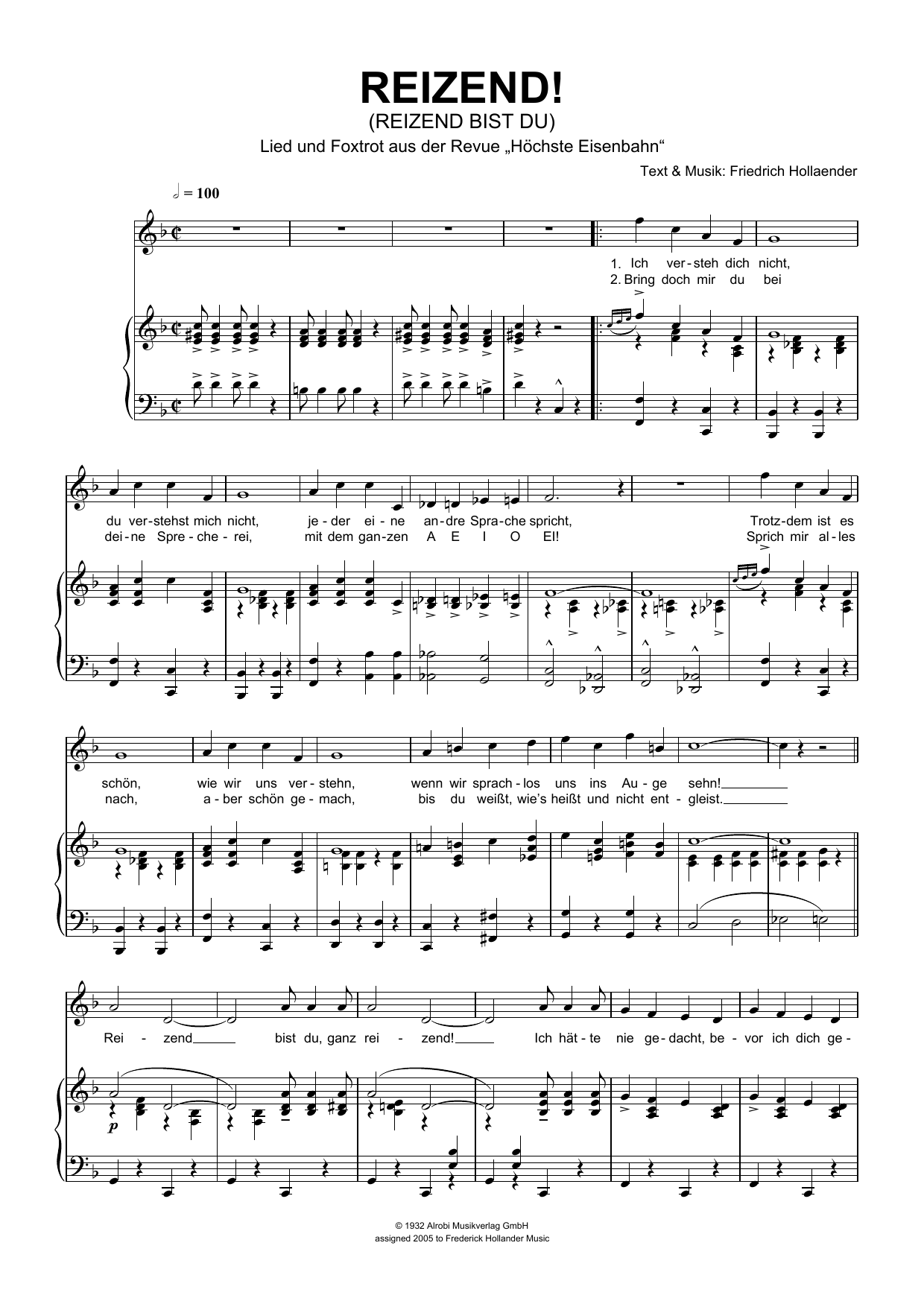 Download Friedrich Hollaender Reizend! (Reizend Bist Du) Sheet Music and learn how to play Piano & Vocal PDF digital score in minutes