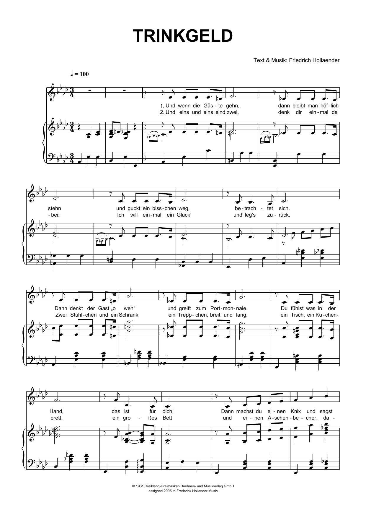 Download Friedrich Hollaender Trinkgeld Sheet Music and learn how to play Piano & Vocal PDF digital score in minutes
