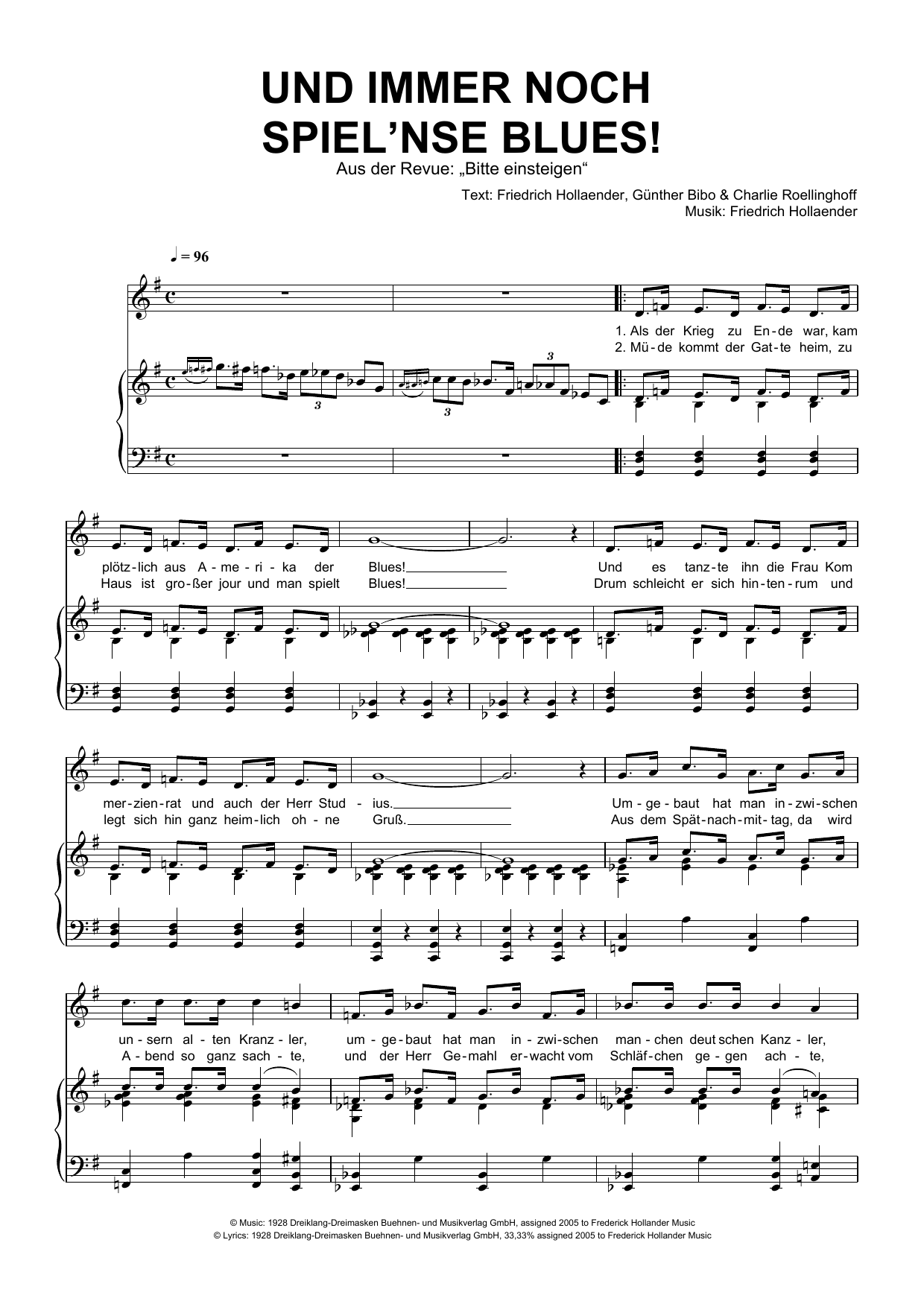 Download Friedrich Hollaender Und Immer Noch Spiel'nse Blues! Sheet Music and learn how to play Piano & Vocal PDF digital score in minutes