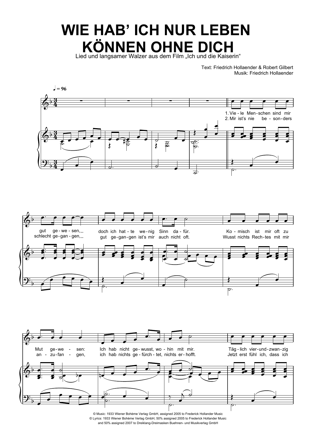 Download Friedrich Hollaender Wie Hab' Ich Nur Leben Können Ohne Dich Sheet Music and learn how to play Piano & Vocal PDF digital score in minutes
