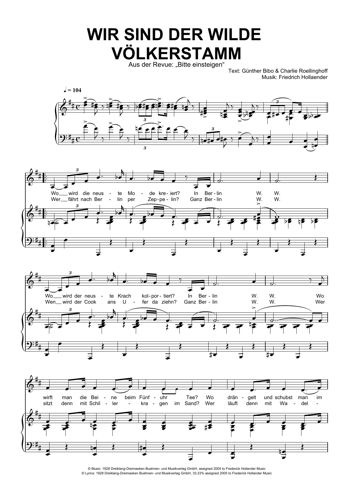 Download Friedrich Hollaender Wir Sind Der Wilde Völkerstamm Sheet Music and learn how to play Piano & Vocal PDF digital score in minutes