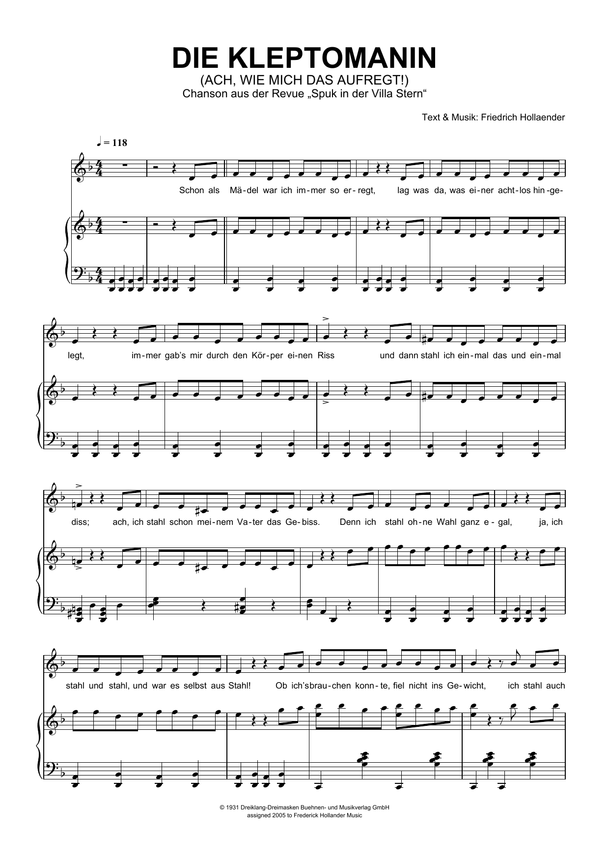 Download Friedrich Hollaender Die Kleptomanin (Ach, Wie Mich Das Aufregt!) Sheet Music and learn how to play Piano & Vocal PDF digital score in minutes