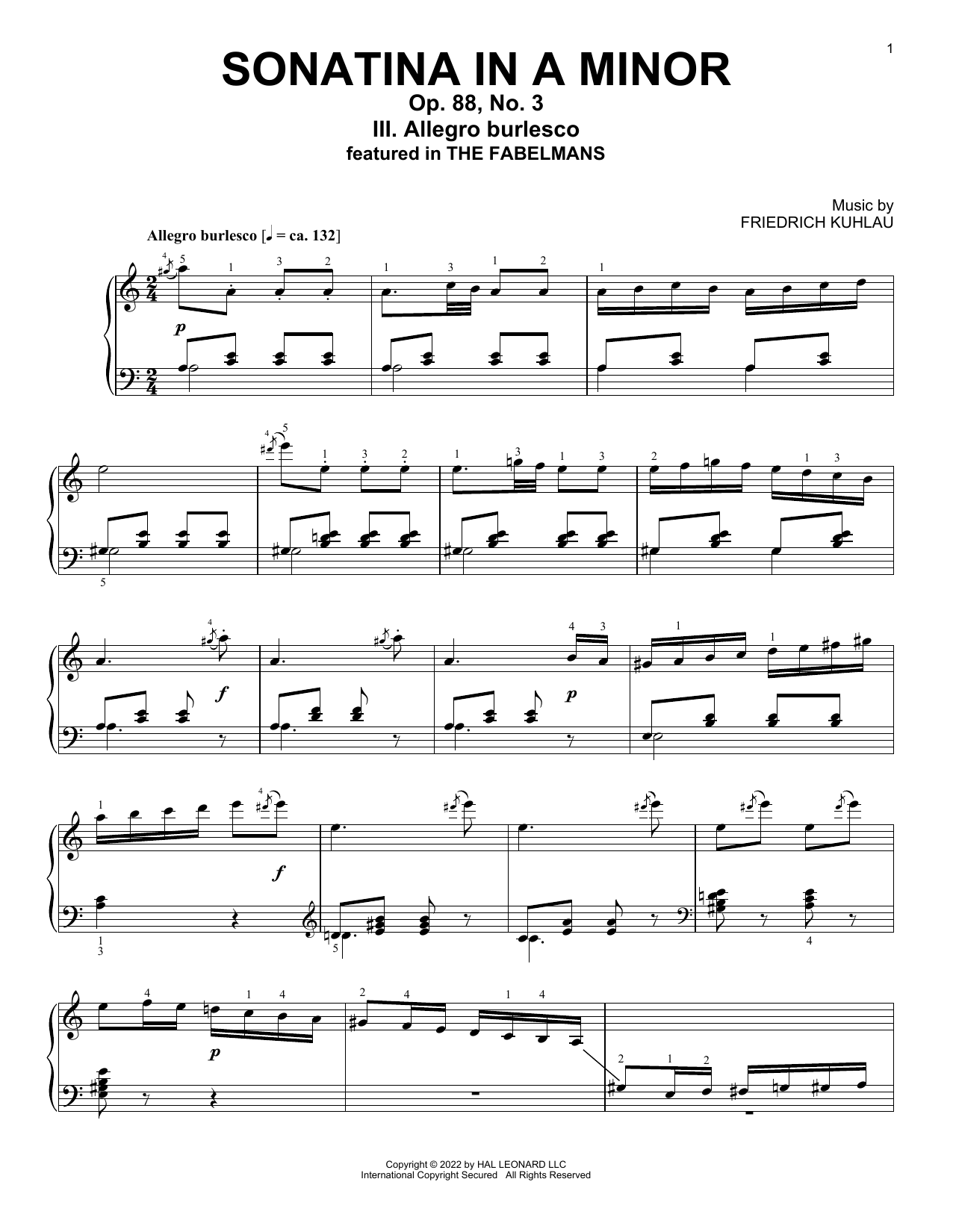 Download Friedrich Kuhlau Allegro Burlesco, Sonatina In A Minor, Op. 88, No. 3 Sheet Music and learn how to play Piano Solo PDF digital score in minutes