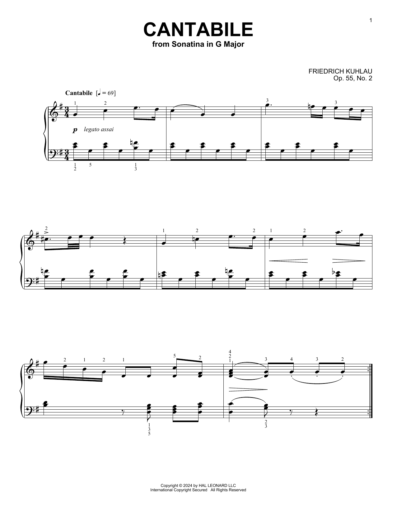 Download Friedrich Kuhlau Cantabile, Op. 55, No. 2 Sheet Music and learn how to play Piano Solo PDF digital score in minutes