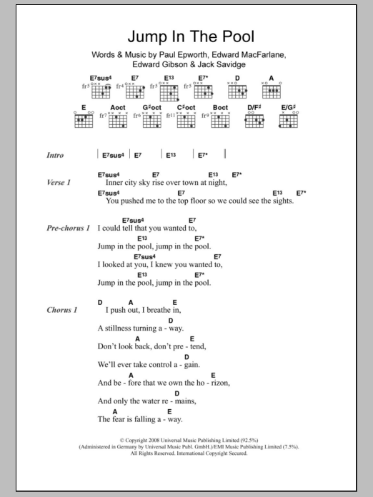 Download Friendly Fires Jump In The Pool Sheet Music and learn how to play Lyrics & Chords PDF digital score in minutes