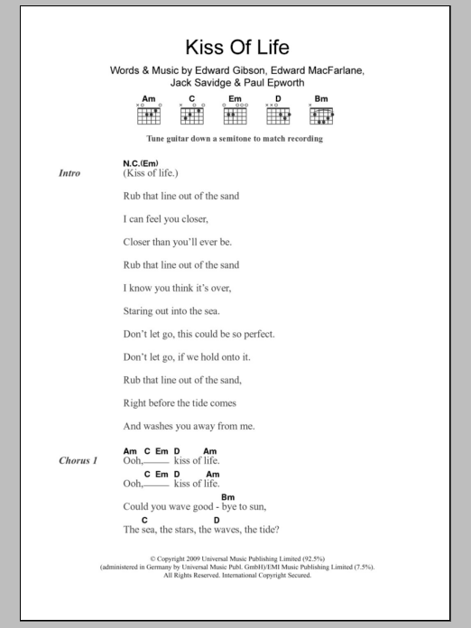 Download Friendly Fires Kiss Of Life Sheet Music and learn how to play Lyrics & Chords PDF digital score in minutes