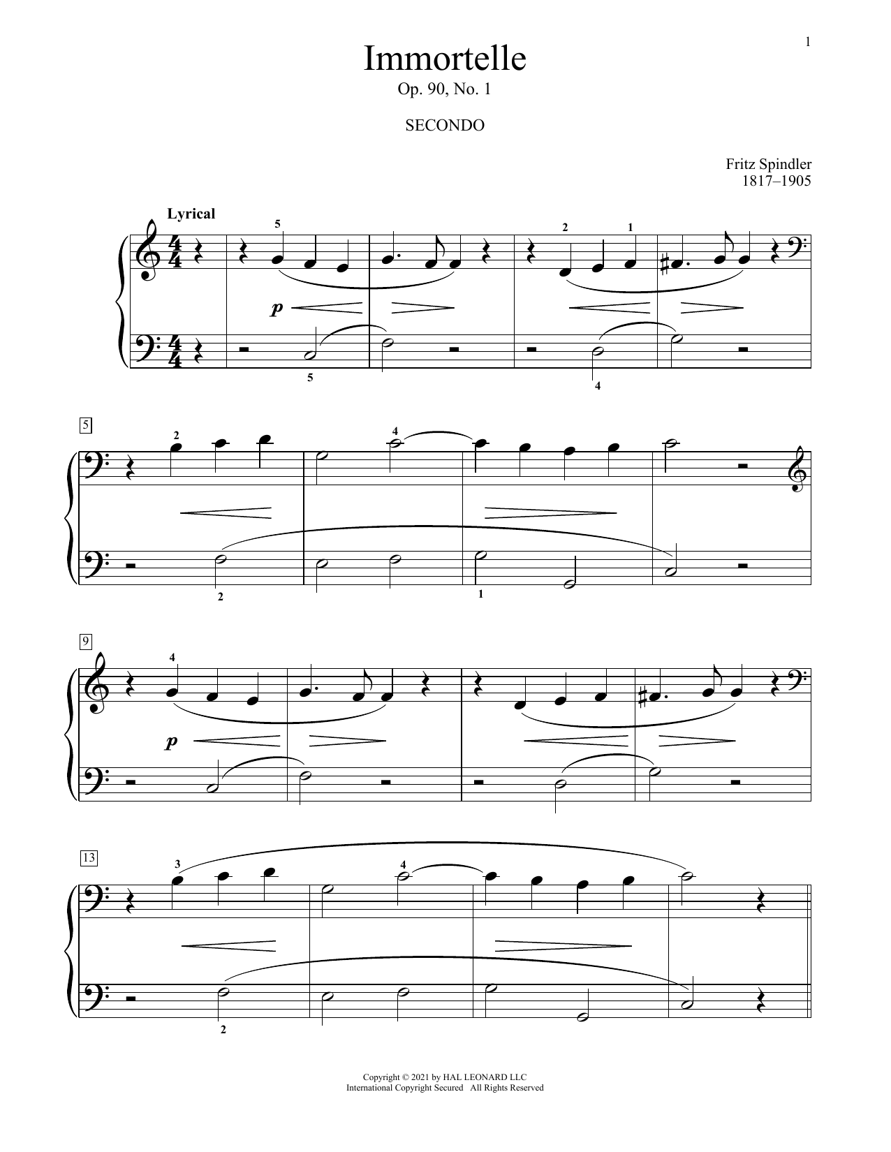 Download Fritz Spindler Immortelle, Op. 90, No. 1 Sheet Music and learn how to play Piano Duet PDF digital score in minutes