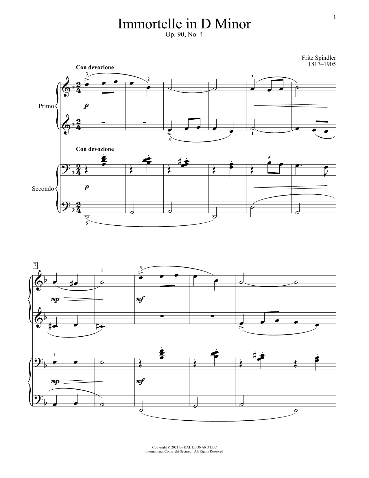 Download Fritz Spindler Immortelle, Op. 90, No. 4 Sheet Music and learn how to play Piano Duet PDF digital score in minutes