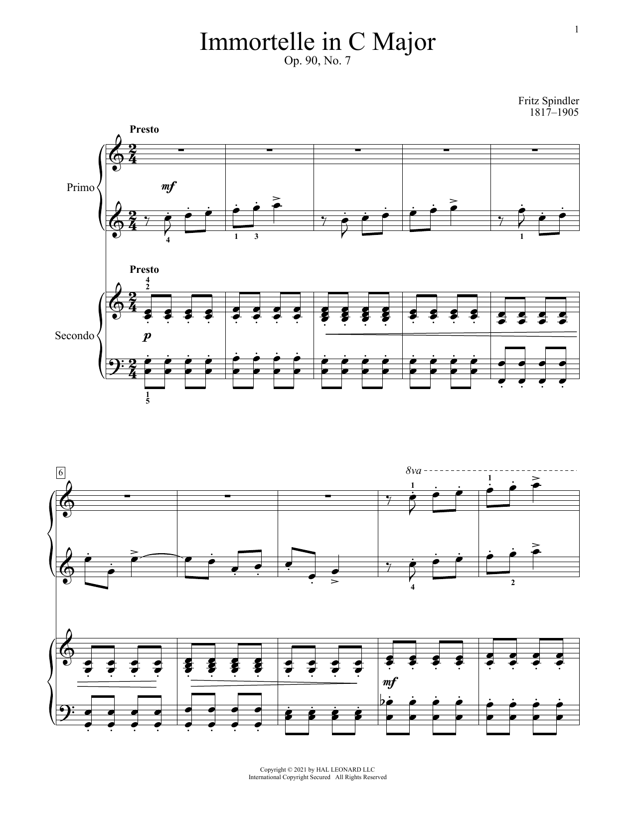 Download Fritz Spindler Immortelle, Op. 90, No. 7 Sheet Music and learn how to play Piano Duet PDF digital score in minutes