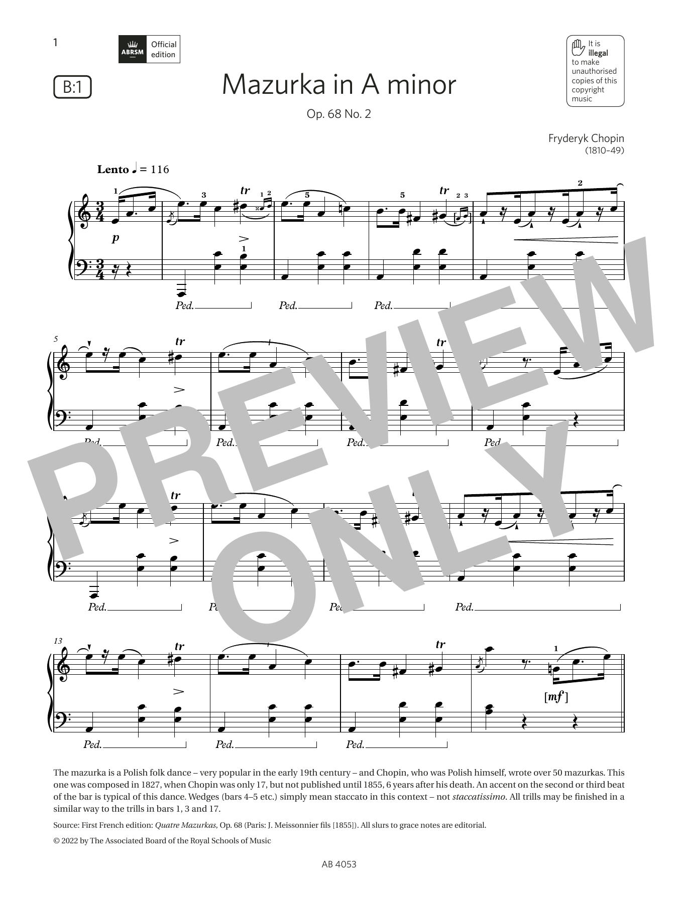 Download Fryderyk Chopin Mazurka in A minor (Grade 7, list B1, from the ABRSM Piano Syllabus 2023 & 2024) Sheet Music and learn how to play Piano Solo PDF digital score in minutes