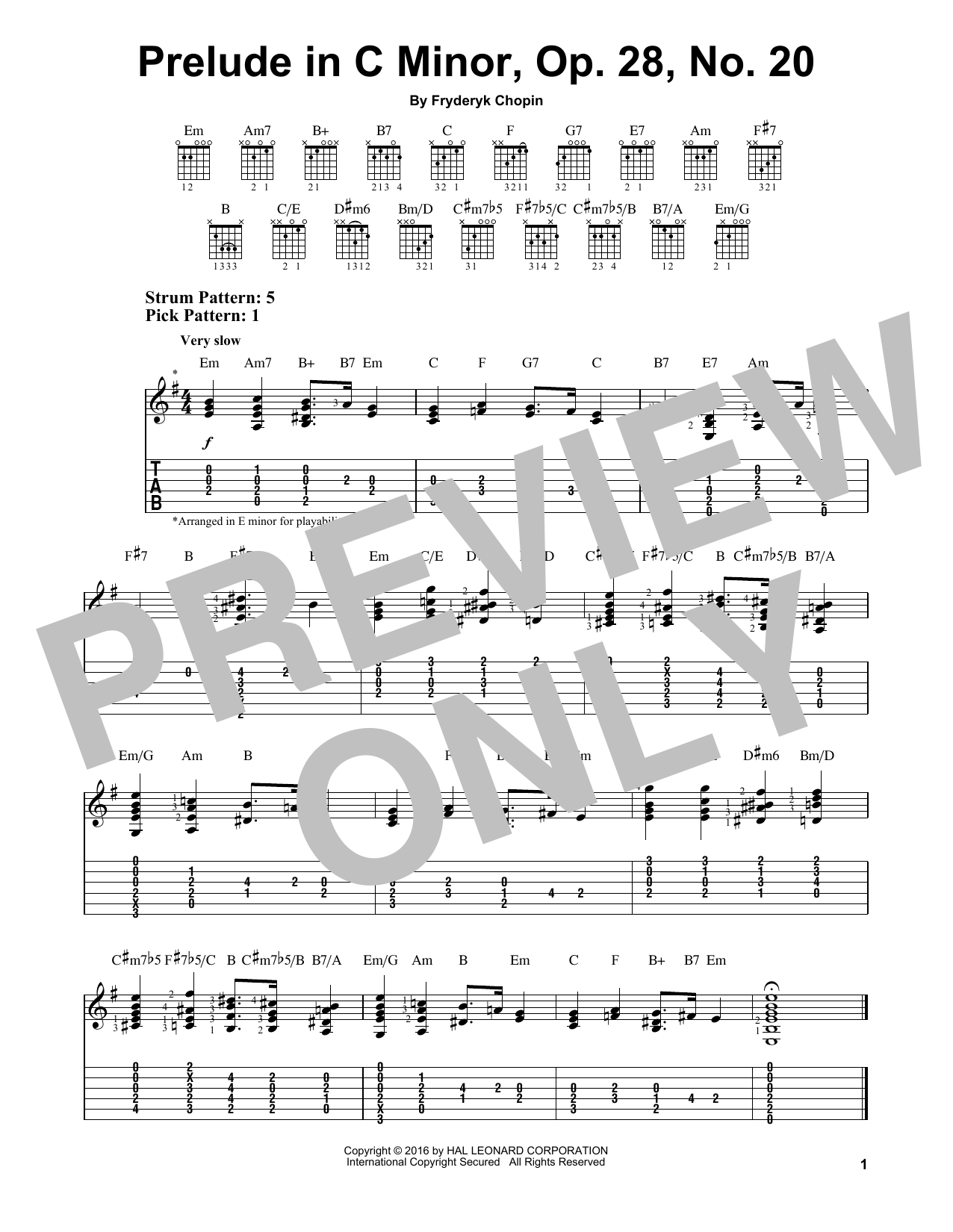Download Frederic Chopin Prelude In C Minor, Op. 28, No. 20 Sheet Music and learn how to play Easy Guitar Tab PDF digital score in minutes