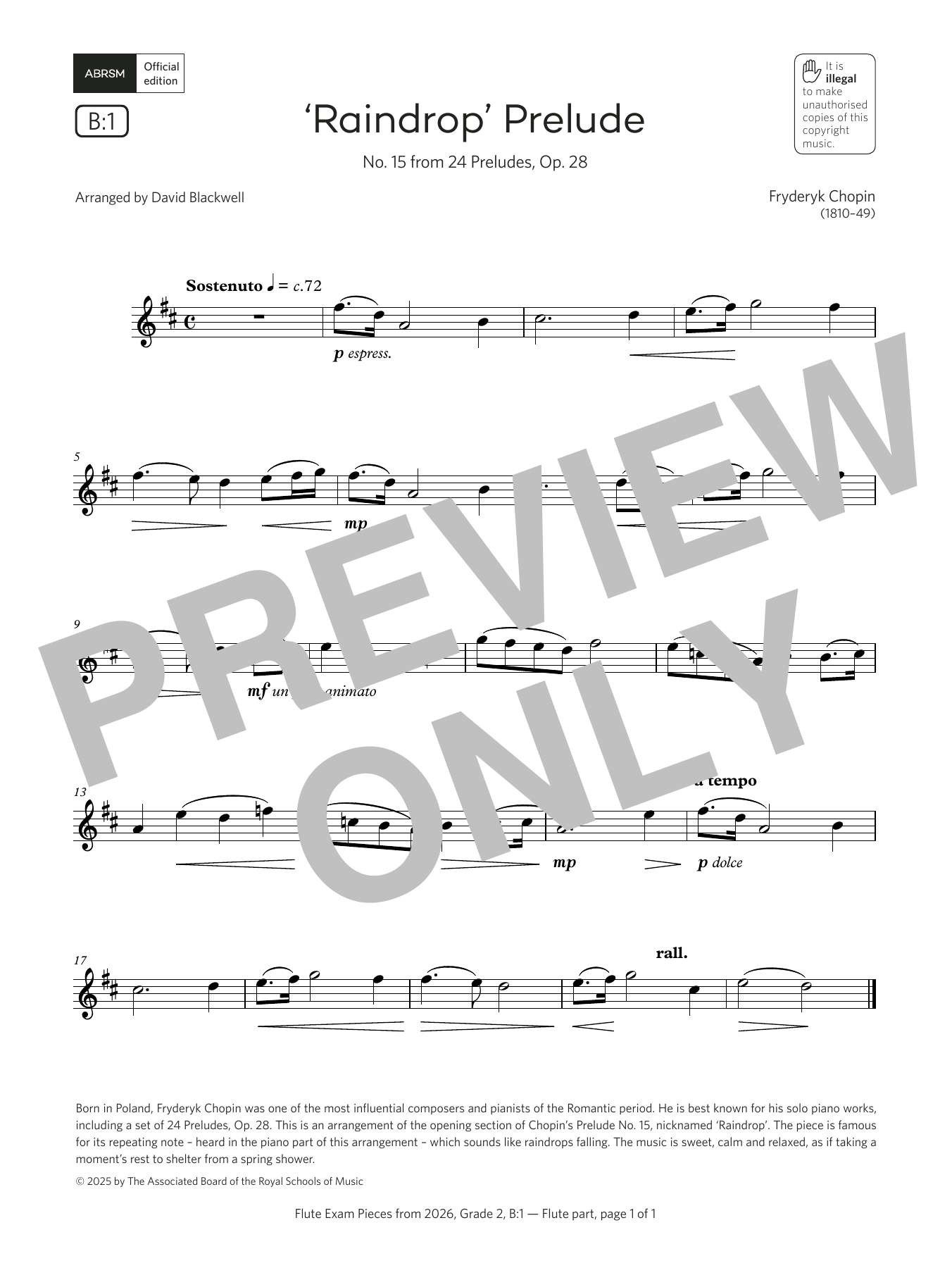 Download Fryderyk Chopin 'Raindrop' Prelude (Grade 2, list B1, from the ABRSM Flute Syllabus from 2026) Sheet Music and learn how to play Flute Solo PDF digital score in minutes
