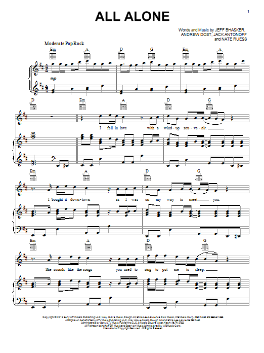 Download fun. All Alone Sheet Music and learn how to play Piano, Vocal & Guitar (Right-Hand Melody) PDF digital score in minutes
