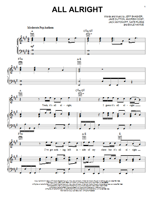 Download fun. All Alright Sheet Music and learn how to play Piano, Vocal & Guitar (Right-Hand Melody) PDF digital score in minutes