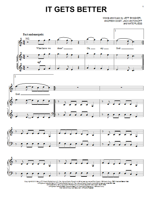 Download fun. It Gets Better Sheet Music and learn how to play Piano, Vocal & Guitar (Right-Hand Melody) PDF digital score in minutes