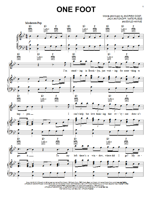 Download fun. One Foot Sheet Music and learn how to play Piano, Vocal & Guitar (Right-Hand Melody) PDF digital score in minutes