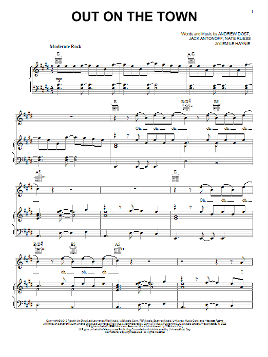 Download fun. Out On The Town Sheet Music and learn how to play Piano, Vocal & Guitar (Right-Hand Melody) PDF digital score in minutes