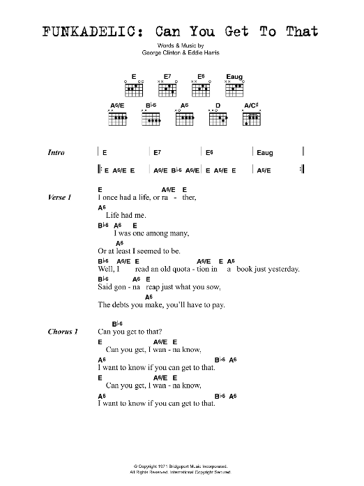 Download Funkadelic Can You Get To That Sheet Music and learn how to play Lyrics & Chords PDF digital score in minutes