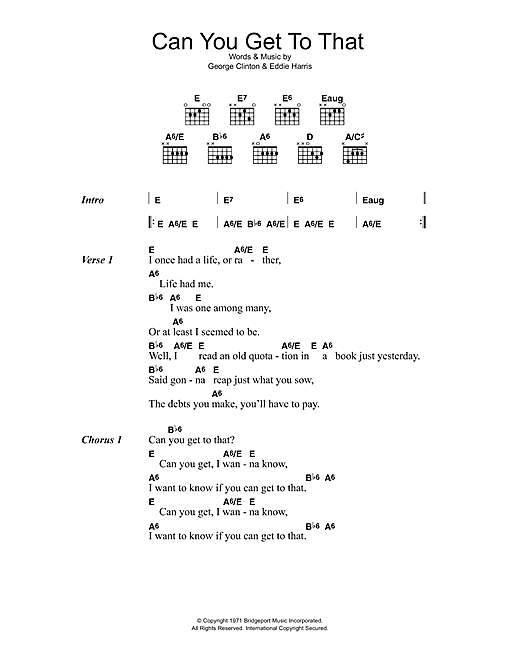 Download Funkadelic Can You Get To That Sheet Music and learn how to play Lyrics & Chords PDF digital score in minutes