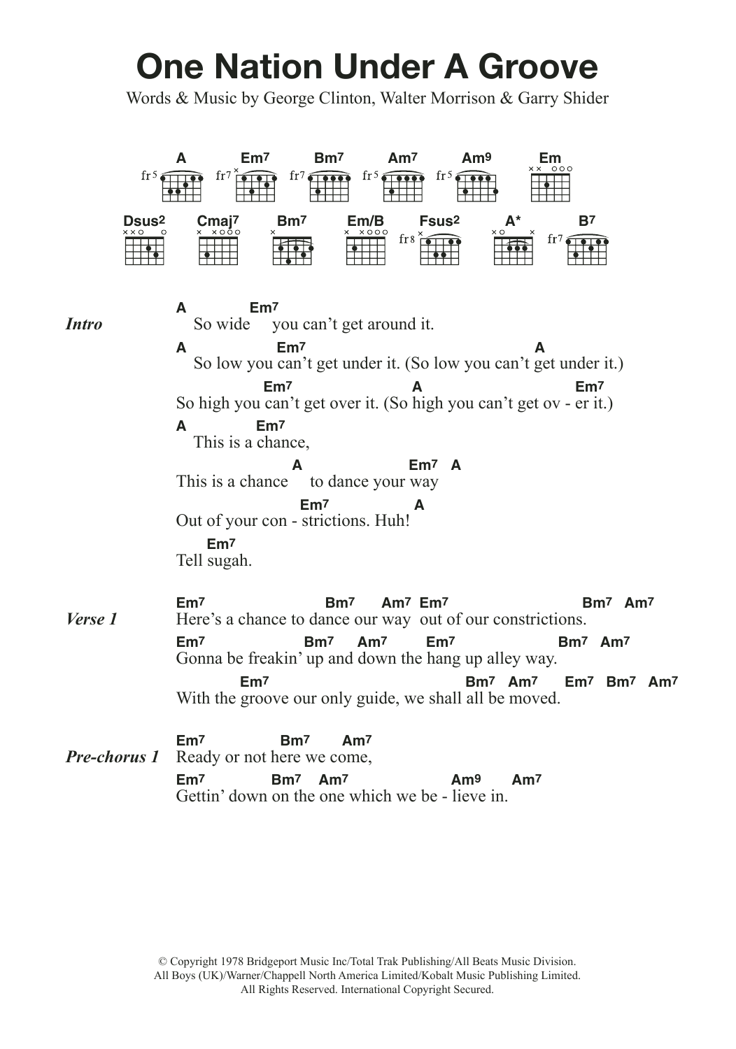 Download Funkadelic One Nation Under A Groove Sheet Music and learn how to play Lyrics & Chords PDF digital score in minutes