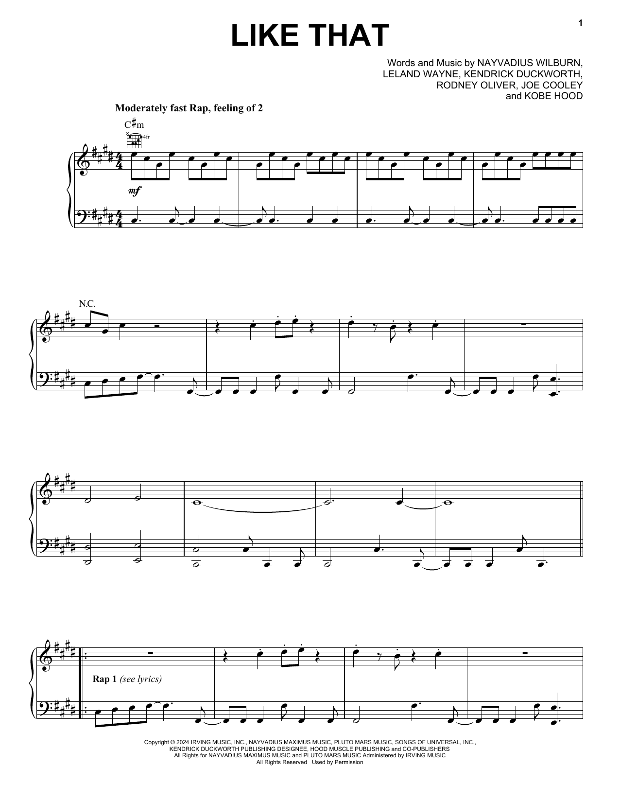 Download Future & Metro Boomin feat. Kendrik Lamar Like That Sheet Music and learn how to play Piano, Vocal & Guitar Chords (Right-Hand Melody) PDF digital score in minutes