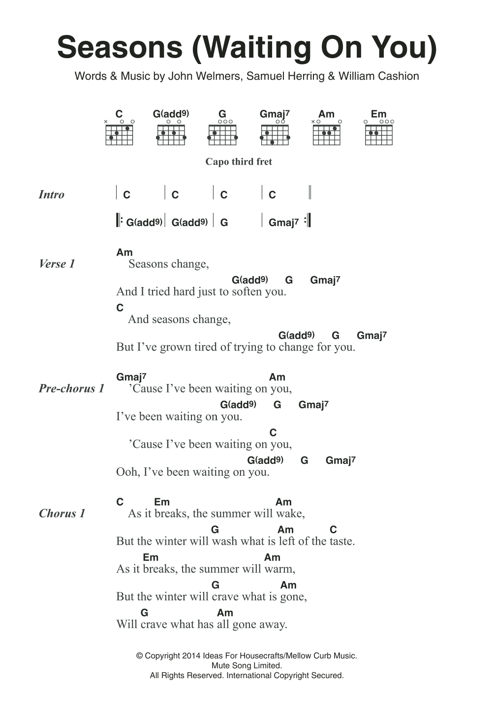 Download Future Islands Seasons (Waiting On You) Sheet Music and learn how to play Lyrics & Chords PDF digital score in minutes