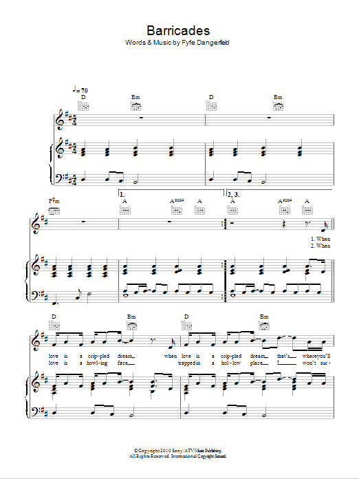 Download Fyfe Dangerfield Barricades Sheet Music and learn how to play Piano, Vocal & Guitar (Right-Hand Melody) PDF digital score in minutes