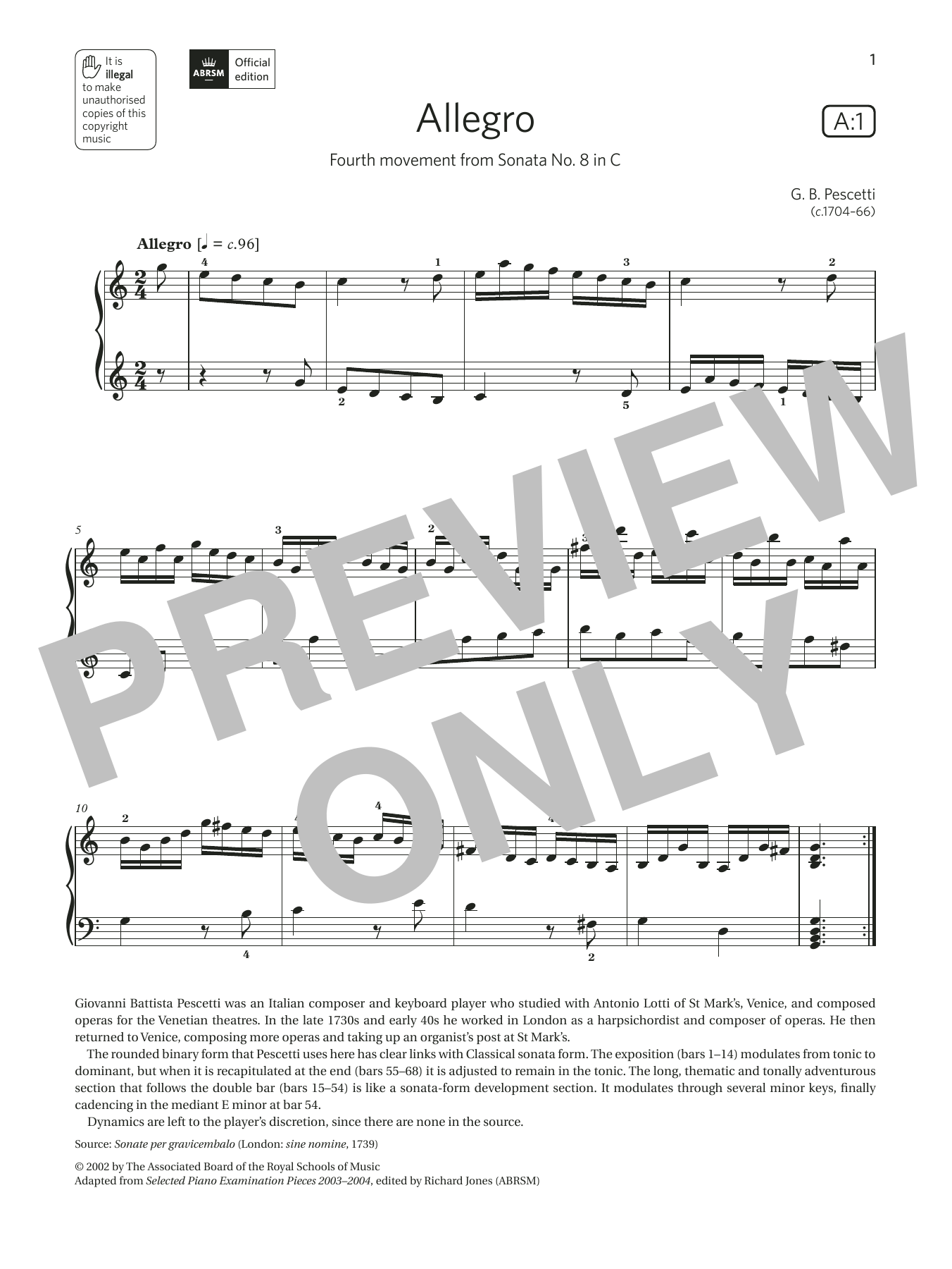 Download G. B. Pescetti Allegro (Grade 6, list A1, from the ABRSM Piano Syllabus 2021 & 2022) Sheet Music and learn how to play Piano Solo PDF digital score in minutes