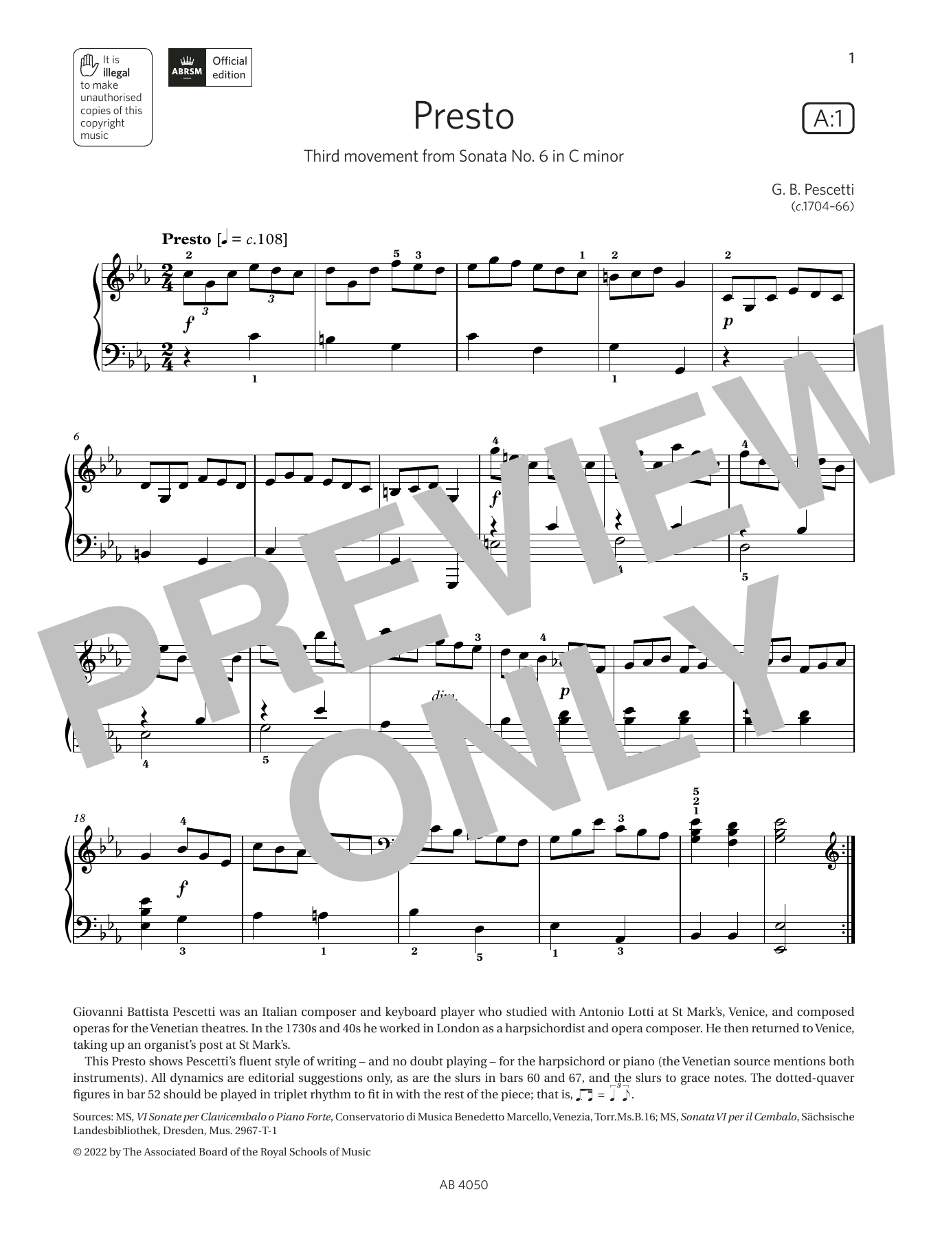 Download G B Pescetti Presto (Grade 4, list A1, from the ABRSM Piano Syllabus 2023 & 2024) Sheet Music and learn how to play Piano Solo PDF digital score in minutes