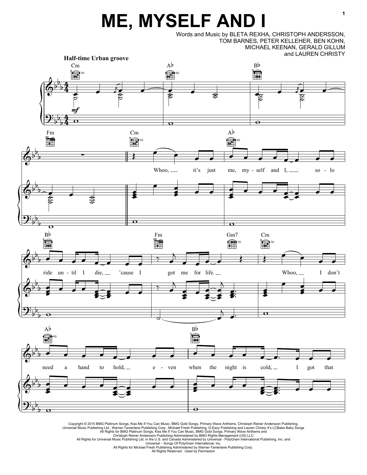 Download G-Eazy Me, Myself & I (feat. Bebe Rexha) Sheet Music and learn how to play Piano, Vocal & Guitar (Right-Hand Melody) PDF digital score in minutes