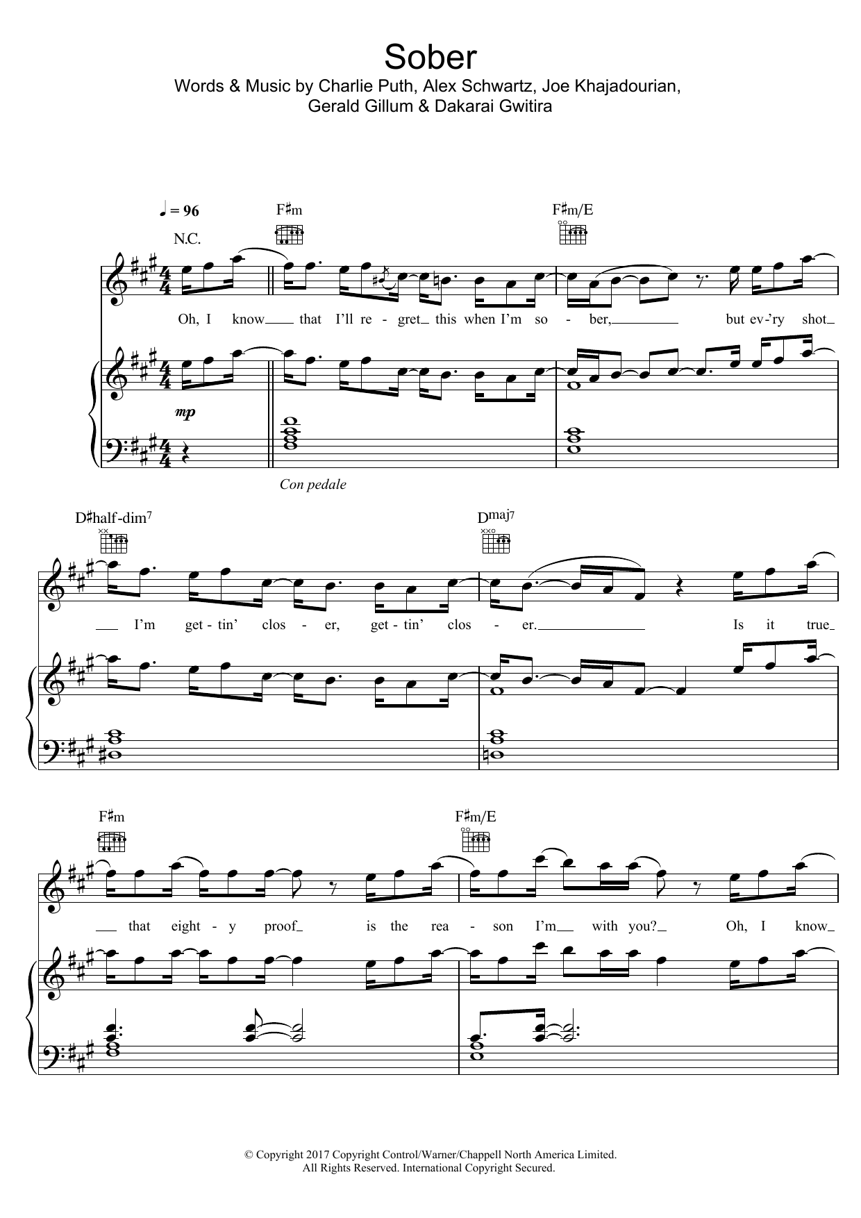 Download G-Eazy Sober (feat. Charlie Puth) Sheet Music and learn how to play Piano, Vocal & Guitar PDF digital score in minutes