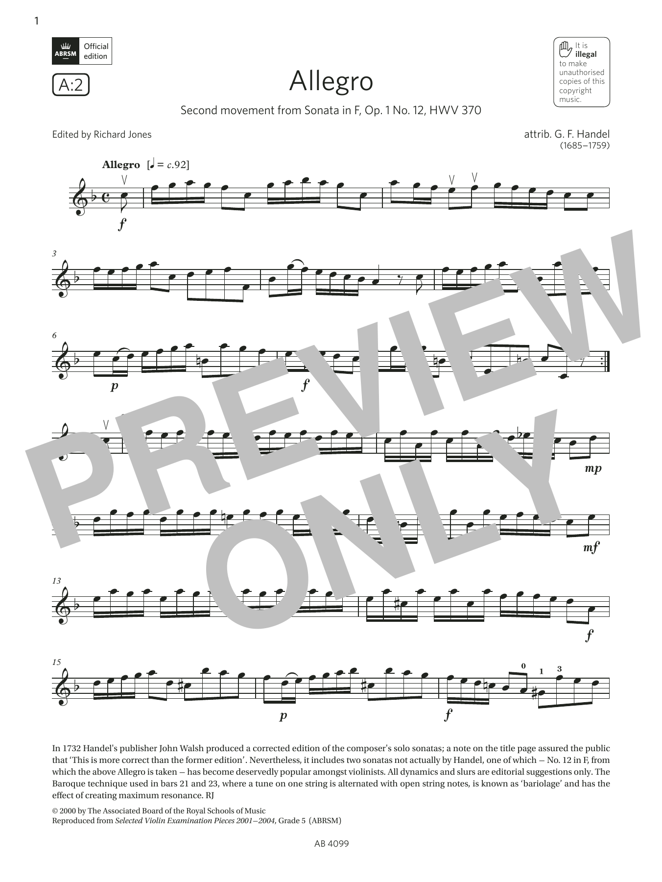 Download G. F. Handel Allegro (Grade 5, A2, from the ABRSM Violin Syllabus from 2024) Sheet Music and learn how to play Violin Solo PDF digital score in minutes